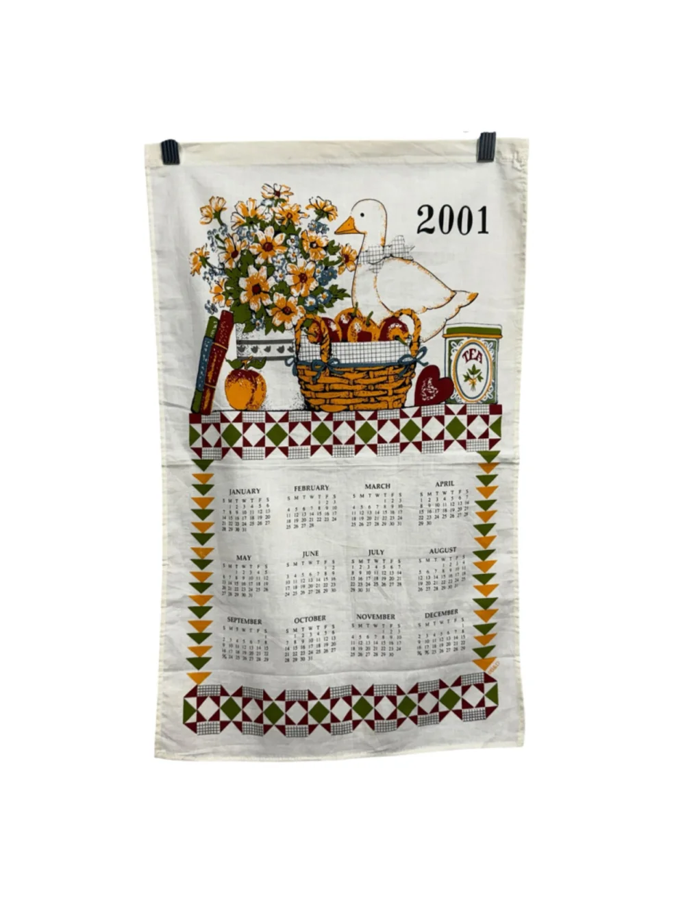 Vintage 2001 Goose Floral Tea Calendar Kitchen Towel Cotton Wall Hanging Farmho